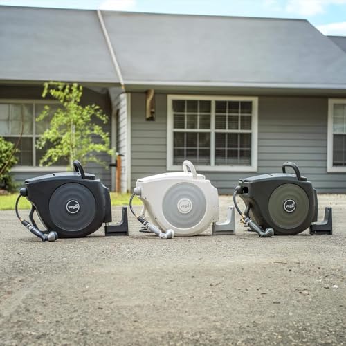 Vego Garden Hose Reel Retractable Hi-Flow Wall Mounted Hose Reel Automatic Rewind, Any Length Lock with 9 Patterns Sprayer Nozzle, Quick Connector and Adjustable shot Nozzle (Cloud White, 82ft) - color: Cloud White, size: 82ft