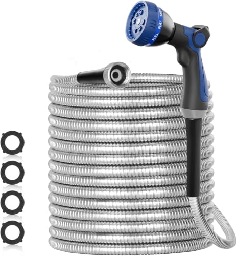 SPECILITE 125ft 304 Stainless Steel Metal Garden Hose with Blue Nozzle - color: Sliver, size: 125 ft