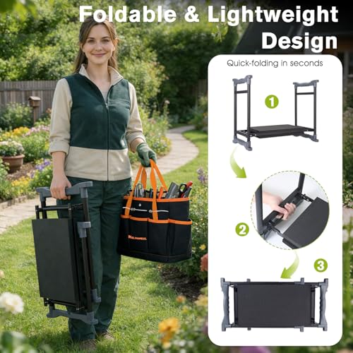 Garden Kneeler and Seat with Umbrella,Heavy Duty Gardening Bench and Stool - color: Black & Orange
