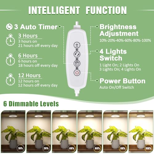 LORDEM Grow Light for Indoor Plants, 192 LEDs Ceiling Full Spectrum Plant Light, Quad Head Plant Lamp with 3/6/12H Auto Timer, 6 Brightness Levels, Individual Bulb Control, Corded - size: 3.54in-4 Head