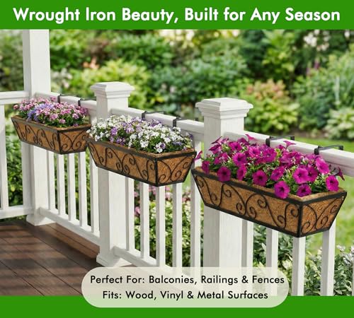 Y&M 24 Inch Window Deck with Coco Liner, Fence Metal Hanging Flower Planter Window Basket Deck Railing Planter Boxes for Outdoor Garden Lawn-Butterfly, 2pcs - size: Butterfly 24in 2p