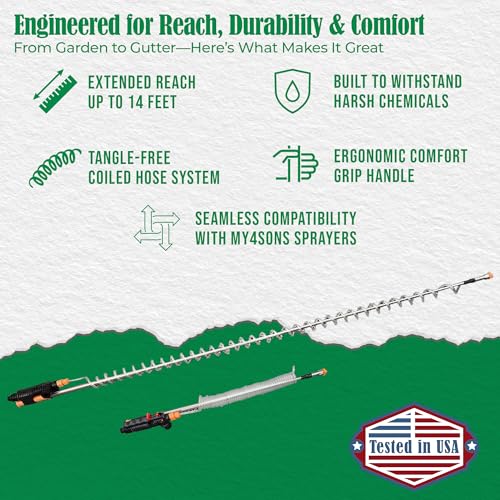 MY4SONS Garden Watering Wand for Outdoor Plants – Telescoping Water Wand with Coiled Hose, Heavy Duty Garden Hose Sprayer, Adjustable Long Wand, Stainless Steel, 14ft