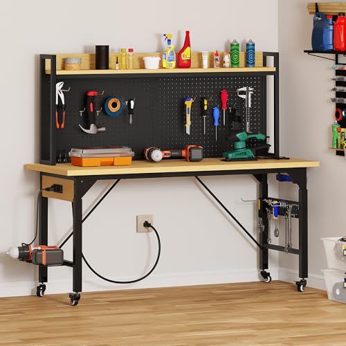 YITAHOME 60in Adjustable Workbench with Pegboard & Wheels 1600lb Load - size: 60" Workbench w/Pegboard