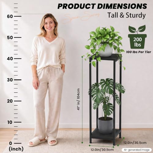 TOSKING 2-Tier Wide & Tall Plant Stand Indoor, Modern Metal Shelf, Black - color: Black-2-tier 41''