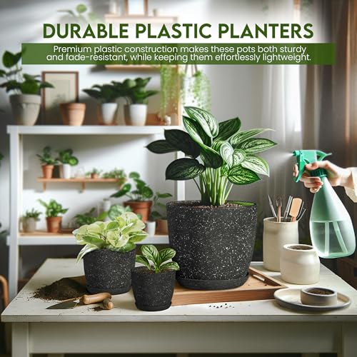 Plant Pots Indoor with Drainage 5 Pack Multi-Size Planters Set Spotty Black - color: Speckled Black, size: Pack of 5