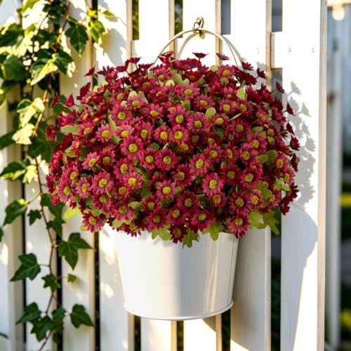 Artificial Daisy Mums for Outdoors, 12 PCS Fall Flowers, Burgundy - color: Burgundy