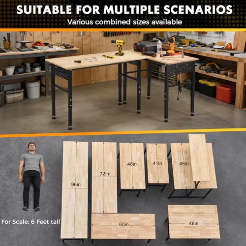 48" Adjustable Workbench with Rubberwood Top & Power Outlet,Large 48 x 24 Inch 9-Level Height Range 27"-37", 2000 LBS Heavy Duty Capacity for Workshop, Office, Garage, Home - size: 48*24 Inch