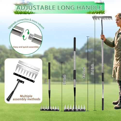 Upgraded Stainless Steel 8 Tines Garden Rake with 4-Section Adjustable Handle, Heavy Duty Manual Weeder Remover Tool for Gardening, YardWork, Weed Removal & Soil Aeration