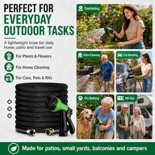 100FT Non-Expandable Flat Garden Hose with 10 Function Nozzle,No-Kink,Black - color: Black, size: 100FT