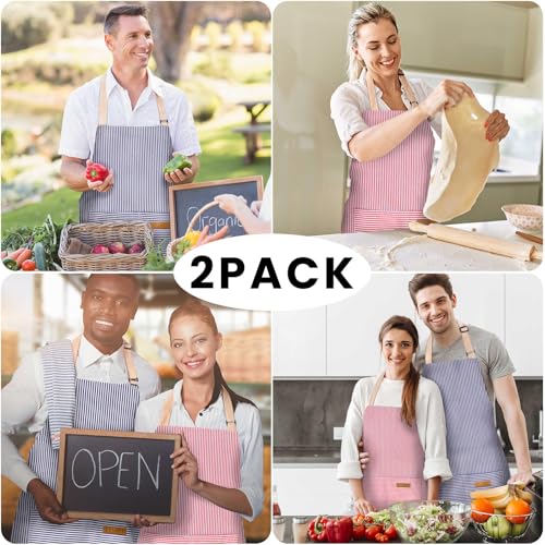 BeLuyi 2 Pack Adjustable Bib Apron with 2 Pockets Chef Cooking Kitchen Restaurant Aprons for Women Men - color: Blue/Red Pinstripes