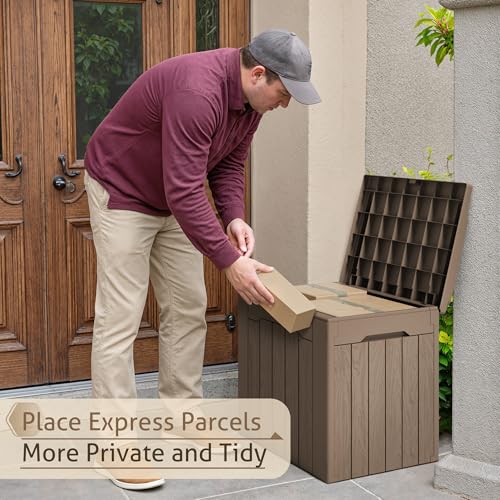 Flamaker 2 Pack Deck Box 31 Gallon Waterproof Resin Storage Box with Lid - color: Light Brown, size: 31 Gallon-2 Pack