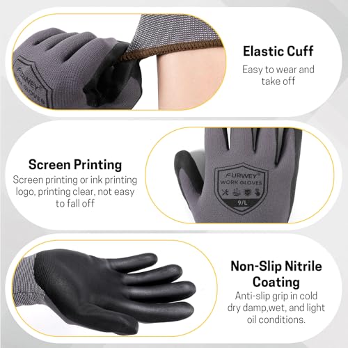 FURWEY Work Gloves, 16/32Pairs Nitrile, Seamless Nylon Knit - color: Black Gray, size: Large