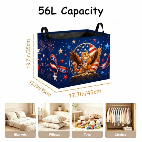 Patriotic Cat Storage Basket with Handles, Eagle Cat Laundry Hamper 56L Large Collapsible Organizer, Laundry Basket for Bathroom/Laundry/Bedroom - color: Patriotic Cat