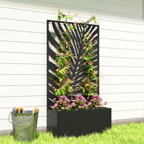 Outsunny Metal Raised Garden Bed with Trellis, Large Leaf Cut-Out - style: Large Leaf Cut-Out