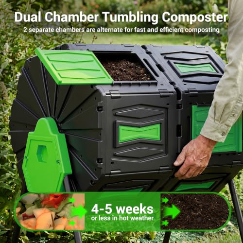 Compost Tumbler, Easy Assemble & Efficient Outdoor Compost Bin, 45 Gallon/170 Liter Large Dual Chamber Rotating Composter for Garden, Kitchen, and Yard Waste, Green Door - color: Green