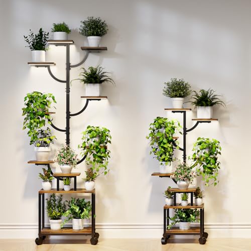 Plant Stand Indoor with Grow Lights - 9-Tier Plant Stand with Wheels, Tall Metal and Wood Indoor Plant Shelf with Tree Design, Rolling Flower Pot Holder Rack with Waterproof Finish, Adjustable Display Stand for Home Garden, Patio, 62" Tall - size: 62 in