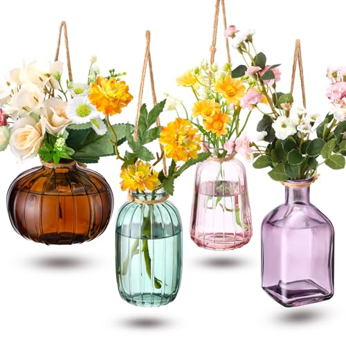 Wonderjune 4 Pcs Stained Glass Hanging Vases Hanging Glass Planters Small Plant Terrarium Pot Containers with Rope for Garden Home Indoor Outdoor Decor, 4 Styles (Fashionable) - style: Fashionable