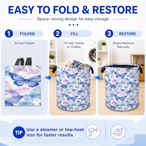 Blue Butterfly Laundry Hamper,Collapsible Laundry Baskets, Dirty Clothes Baskets with Handles,Oxford Cloth Hamper for Bedroom,Bathroom,Laundry Room,College Dorms,16"x20" - color: Blue Butterfly