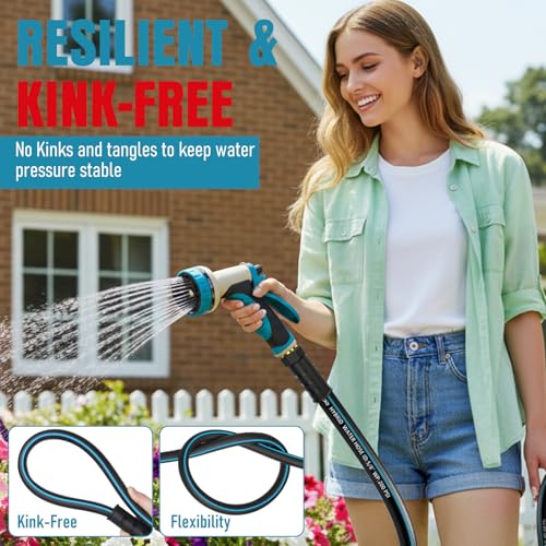 Garden Hose 100 ft x 5/8" with Nozzle, Water Hose Heavy Duty Flexible, Lightweight Kink-less Hybrid Hose with Swivel Handle, Male to Female Fittings (Blue, 100FT) - color: Blue, size: 100ft