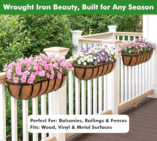 Y&M 2pcs 24 Inch Window Deck with Coco Liner, 24" Window Boxes Horse Trough with Coconut Coir Liner, Black Metal Hanging Flower Planter Window Basket Deck Railing Planter Boxes for Outdoor Indoor - size: 2p 24in