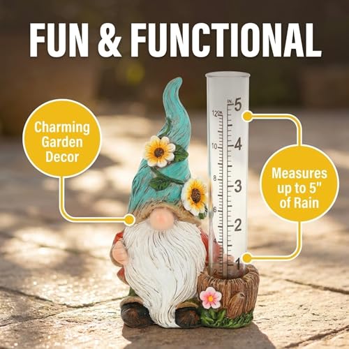 The Bridge Collection Cute Garden Gnome Rain Gauge with Flowers (Green) - color: Green