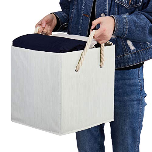 Foldable Storage Cube Bins Beige-White Bamboo Fabric Collapsible Resistant Basket Box Organizer with Cotton Rope Handle for Home Office and Nursery 10.5x10.5x11 inch