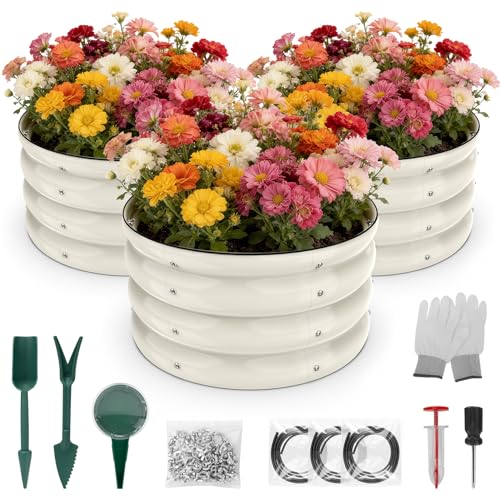 SHALL 3PCs Galvanized Raised Garden Bed Kit, 2x2x1ft Round Planter Boxes Outdoor W/Mini Seed Spreader, Disk Seeder, 2X Seeding Transplanters, Protective Gloves for Flowers Fruits Vegetables Herbs