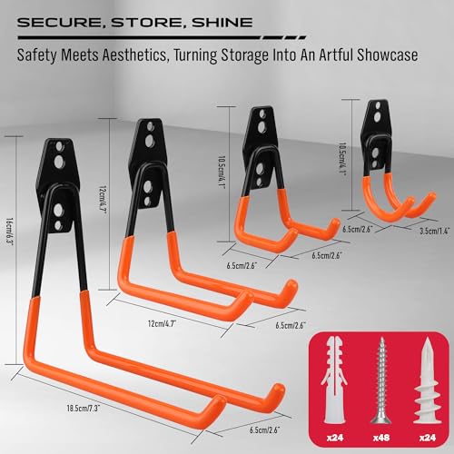 15-Piece Garage Wall Hooks with 3 Extension Straps, Orange Heavy Duty Tool Storage Rack for Ladder, Bike, Shovel, Garden Tools, Metal Wall Mount Organizer Set - style: 15-Pack Hooks + 3 Straps(orange)
