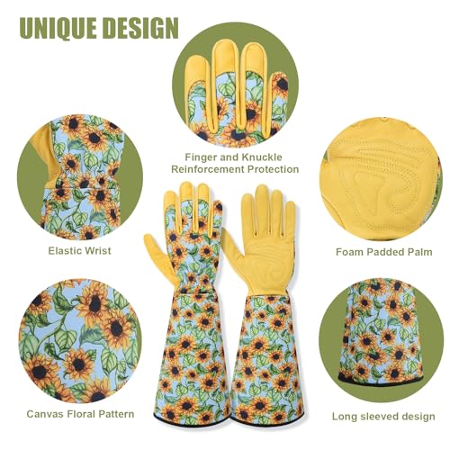 WOHEER Long Gardening Gloves for Women Thorn Proof,Rose Pruning Cowhide Leather Garden Glove for Cactus, Rose and Blackberry - color: Large-blue