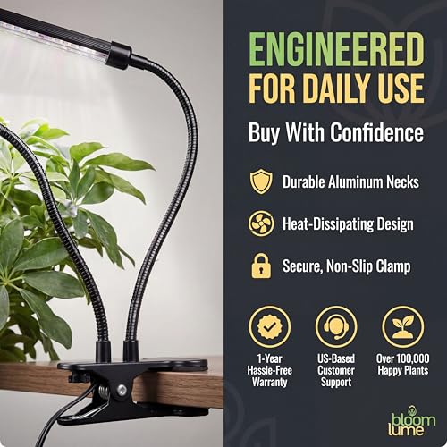 Bloom Lume LED Grow Lights for Indoor Plants Full Spectrum 6000K - Plant Grow Lights Indoor Features Multi Mode Color Spectrums (Red, White & Blue), Dimmable, Auto Timer, Clip on Gooseneck Plant Lamp