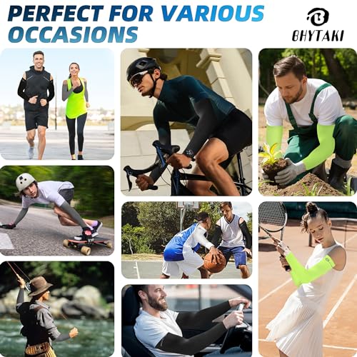 BHYTAKI UV Sun Protection Arm Sleeves, UPF 50 Sports Cooling Arm Compression Sleeves for Men Women Teenager - color: 2 Black+2 Dark Gray+2 Fluorescenct Green