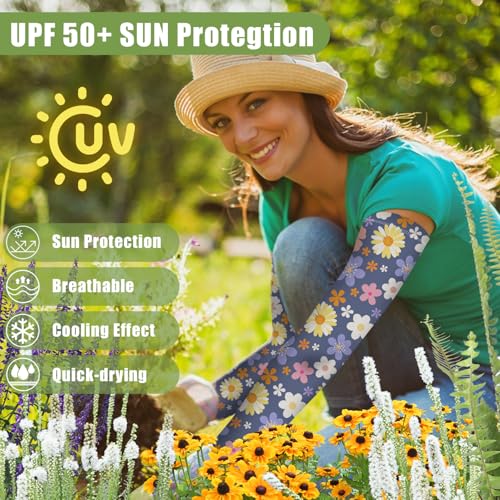 Gardening Sleeves for Women UV Sun Protection with Thumb Hole Anti-Scratch - color: Deep Blue Flower