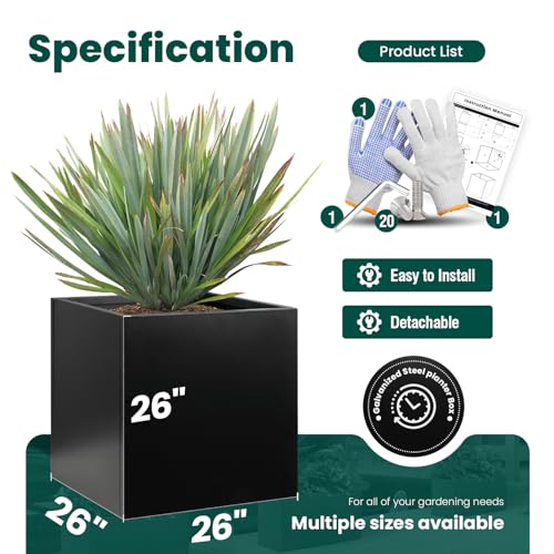 Galvanized Steel Planter Box 26 Inch H, Black Square Metal Planters - color: Black, size: 26" L x 26" W x 26" H