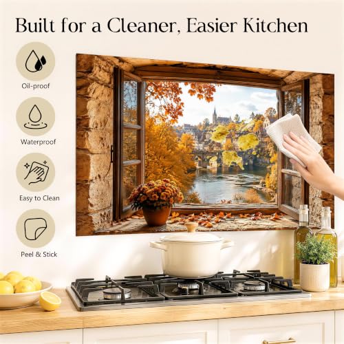 Autumn Village Backsplash Sticker 17.3 x 28 in Peel and Stick PVC - color: Colorful1601