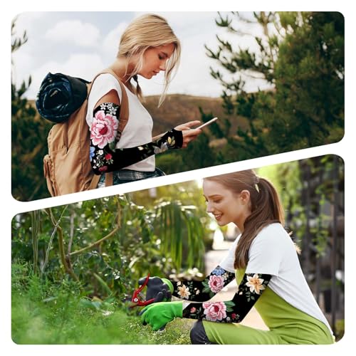 YPHCDO Gardening Sleeves for Women Sun Protection Cooling Arm Sleeves - color: Black Flower