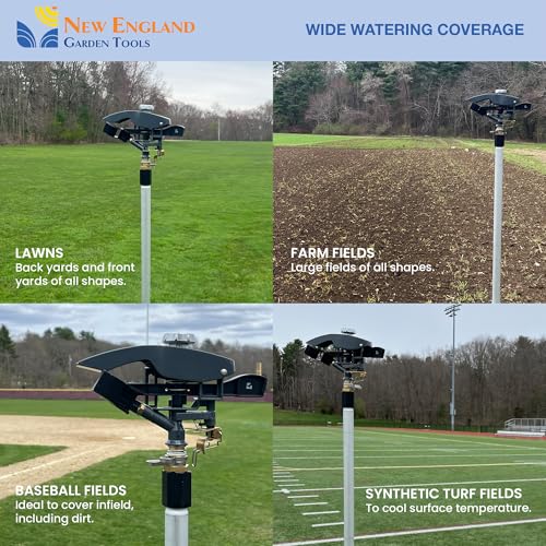 Heavy Duty Tripod Sprinkler 300003, Long Range Sprinkler with 100 FT Reach, 6 Feet Adjustable Tripod Height, 360ยฐ Range Control, for Farm, Lawn, Field, Orchard Irrigation by New England Garden Tools