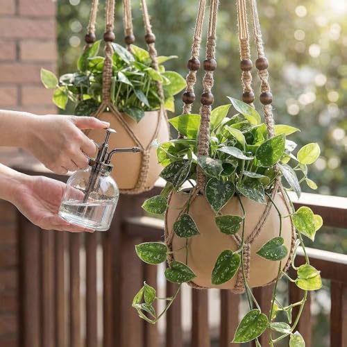 Macrame Plant Hanger 35", No Tassel Hanging Plant Holder, Sturdy Flower Pot Holder with 2 Hooks - Brown - color: Brown, size: 35"-1pc