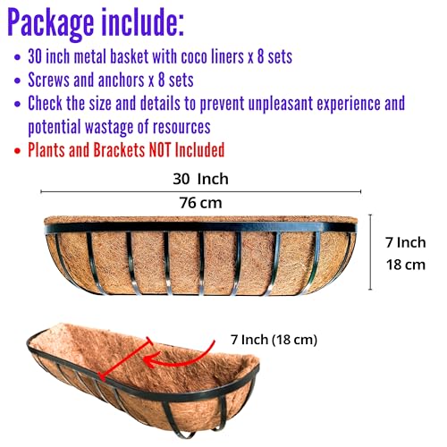 LaLaGreen Outdoor Wall Planter - 8 Pack, 30 Inch Large Metal Basket with Coco Liner, Long Window Flower Box Deck Railings Hanging Horse Trough Balcony Plant Pot Garden Fence Balcony Patio Rail - size: 30" x 8
