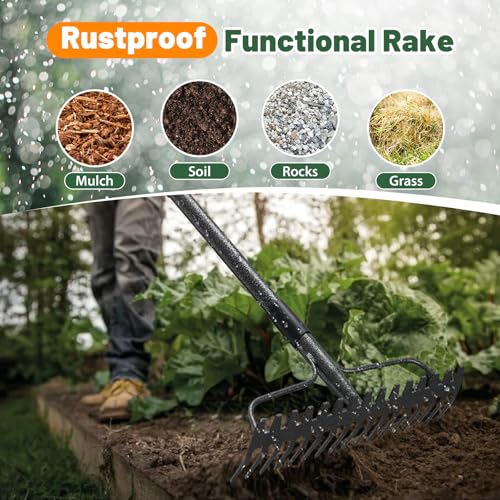 Rake, 17 Tines with 49 Inch Handle, 17 Inch Wide Heavy Duty Garden Thatch Leaf Rake for Raking Leaf Loosening Soil Gathering Mulch Leveling Rocks, Rustproof Metal Bow Rakes for Leaves Grass - style: 49"