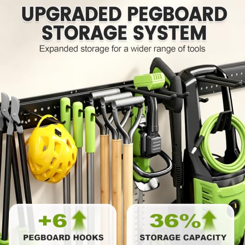 Garage Tool Organizer Wall Mount, 66 Inch Heavy Duty Garage Organization System with 13 Adjustable Hooks, Garden Tool Storage Rack for Garage, Yard & Shed, Holds Up to 520 lbs - size: 66" | 4 Panels + 13 Hooks