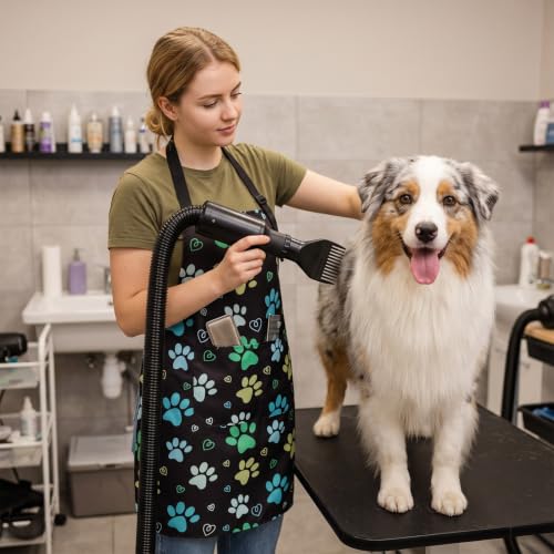 2 Pcs Dog Grooming Apron with 2 Pockets, Dog Grooming Smock - color: Blue Green + Pink Orange