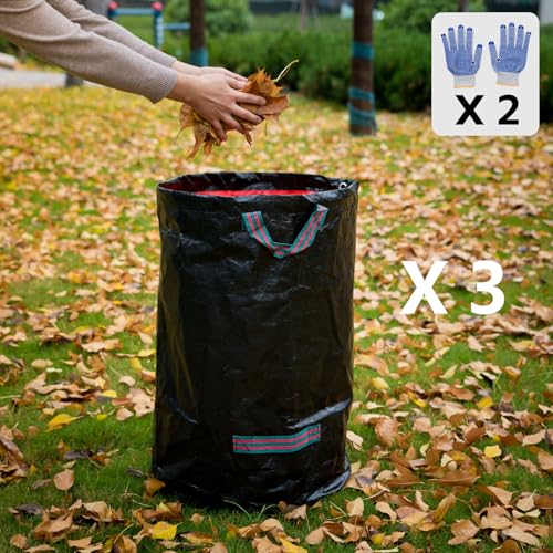 Reusable Lawn Leaf Bags, 72 Gallon 3Pack - Heavy Duty with Gardening Gloves & 4Handles - Camping Leaf Recycling Bags