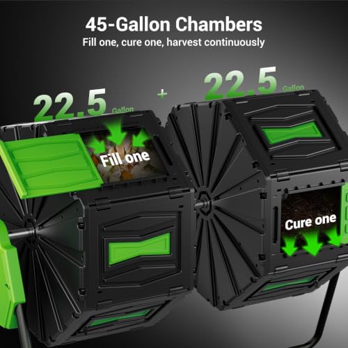 Compost Tumbler, Easy Assemble & Efficient Outdoor Compost Bin, 45 Gallon/170 Liter Large Dual Chamber Rotating Composter for Garden, Kitchen, and Yard Waste, Green Door - color: Green