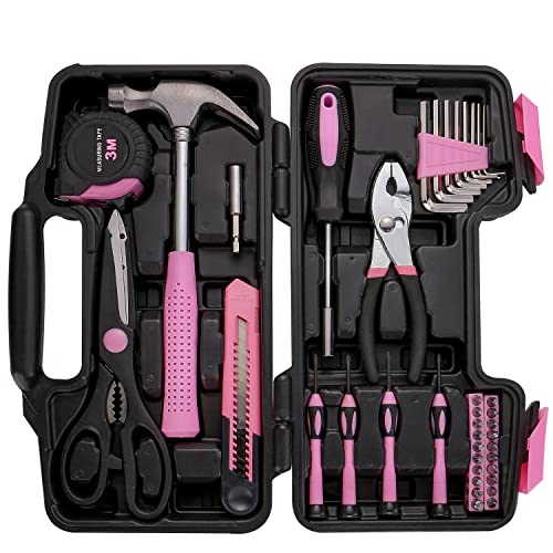 RVOGJP 39-Piece All Purpose Pink Household Tool Kit for Women - Small Tool Set with Toolbox, Great for Home, Garage, Office & College Dorm Use - color: Pink