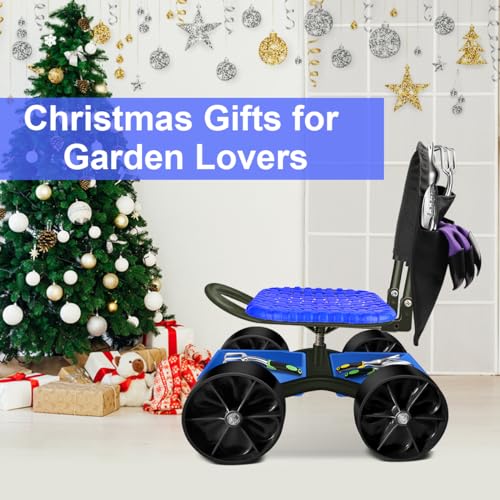 i Cover Garden Cart Rolling Stool with Four Wheels and Tool Bag, Stable Workseat Sturdy Carts Adjustable Seat Height and Direction, Gardening Helper, Blue - size: 4 Wheels