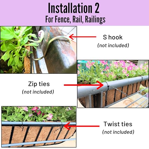 LaLaGreen 30 Inch, 2 Pack Window Boxes Planters – Black Metal Window Boxes for Outdoor Plant, Wall Mount Flower Pot with Coco Coir Liner, Attach to House Fence Balcony Herb for Patio Porch Garden - size: 30'' x 2 pack