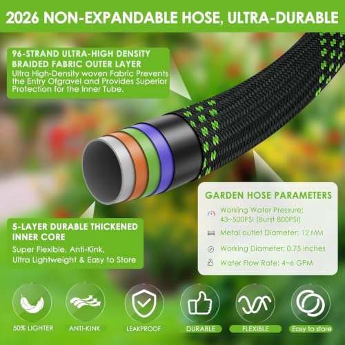 75 ft Non-Expanding Garden Hose, 360° Anti-Kink Swivel Fittings - color: Green, size: 75ft