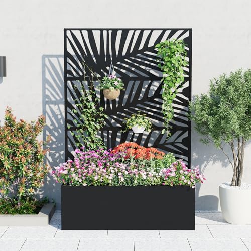 GarveeLife Metal Planter Box with Trellis 71"x47"x16", with Drainage Holes - color: Palm Leaf, size: no wheel