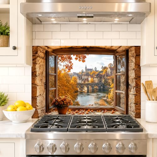 Autumn Village Backsplash Sticker 17.3 x 28 in Peel and Stick PVC - color: Colorful1601