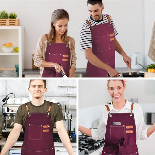 OUNLEN Chef Apron for Men Women Canvas Aprons with 3 Pockets Cross Back Resistant Work Apron for Cooking - color: Cranbrerry Red